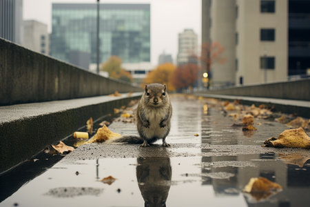 a squirrel standing on the edge of a wet sidewalkの素材