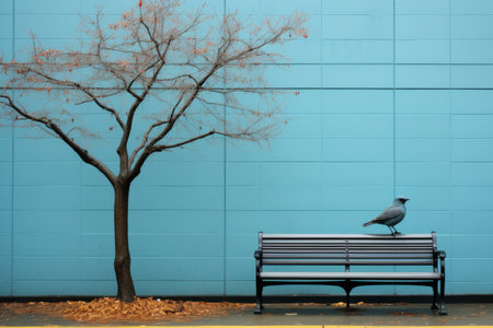 a tree and a bench in front of a blue wallの素材