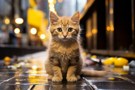 an orange kitten sitting on the ground in front of a buildingの素材