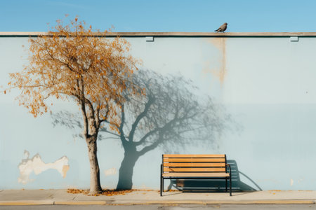 a tree and a bench in front of a wallの素材