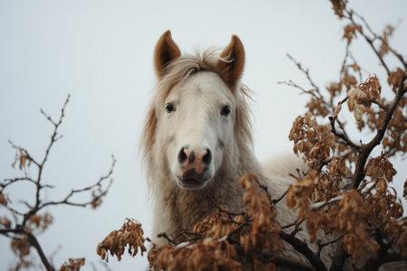 a white horse is looking at the camera in a treeの素材
