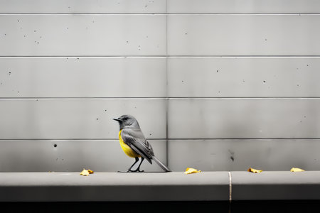 a yellow and gray bird standing on a ledgeの素材