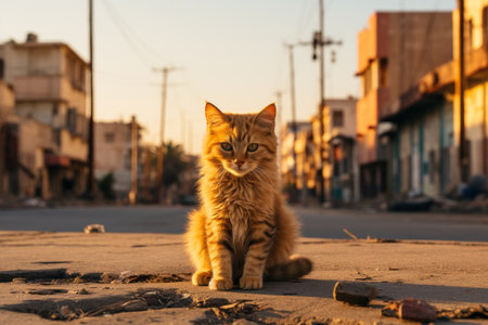 an orange tabby cat sits on the ground in an empty streetの素材