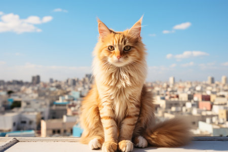 an orange cat sitting on top of a ledge overlooking a cityの素材