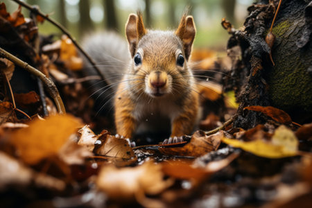 a squirrel in the woods with leaves on the groundの素材