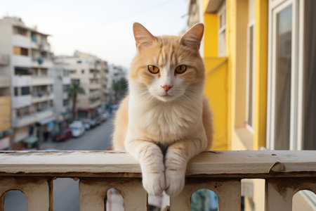 an orange and white cat sitting on a balconyの素材