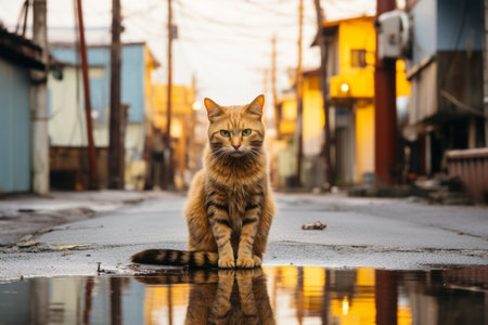 an orange tabby cat sitting on the ground in an empty streetの素材