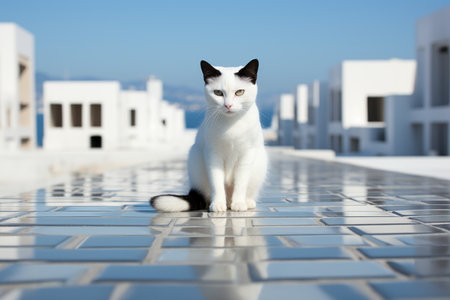 a white and black cat sitting on a tile floorの素材