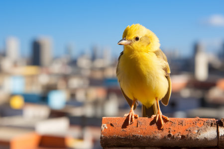 a yellow bird sitting on a ledge with a city in the backgroundの素材