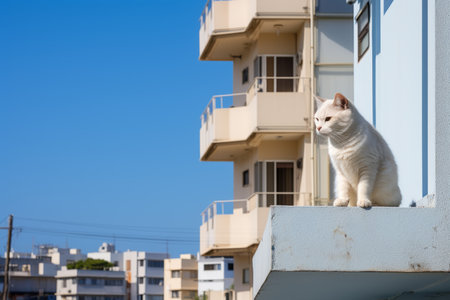 a white cat sitting on the edge of a buildingの素材