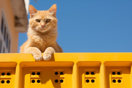 an orange cat sitting on top of a yellow fenceの素材