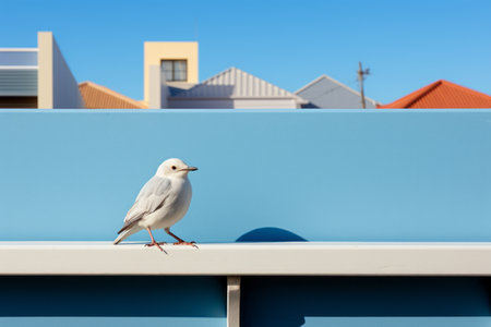 a white bird sitting on a bench in front of a blue buildingの素材