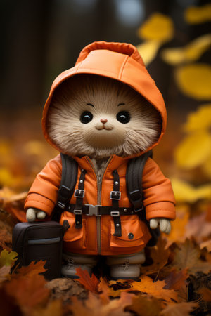 a stuffed animal wearing an orange coat and backpackの素材