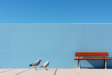 two seagulls standing next to a blue wall and a benchの素材