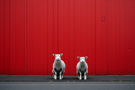 two sheep standing in front of a red wallの素材