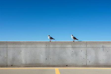 two seagulls standing on the edge of a concrete wallの素材