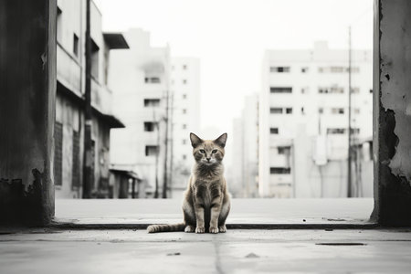 black and white photo of a cat sitting in an alleyの素材