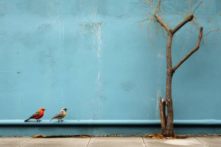 three birds sitting on a wall next to a treeの素材