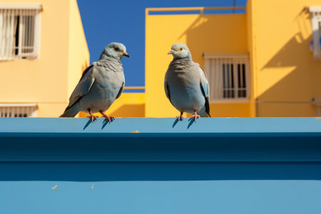 two birds sitting on a ledgeの素材