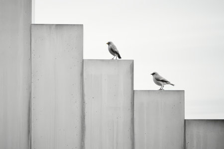 two birds perched on the edge of a concrete wallの素材