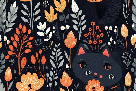 a black cat surrounded by flowers and plantsの素材