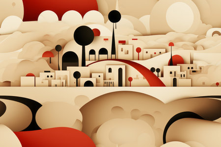 a paper art style illustration of a city in the middle of a fieldの素材