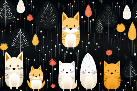 a group of cats and dogs in the forestの素材