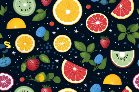 a seamless pattern with fruits and berries on a black backgroundの素材