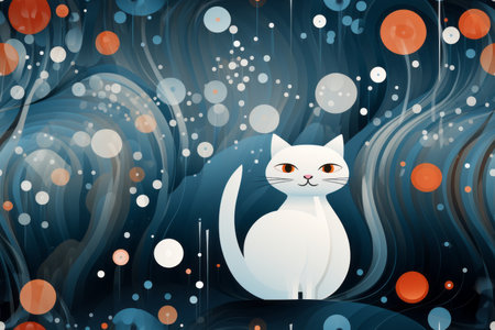 a white cat is sitting on a blue background with orange and blue dotsの素材