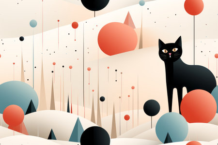 an illustration of a black cat in the middle of a fieldの素材