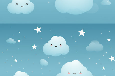 clouds and stars in the sky with a smiley faceの素材