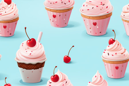 many cupcakes with cherries and cream on a blue backgroundの素材