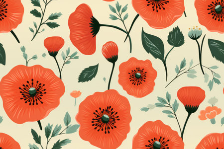 poppy flowers and leaves on a beige backgroundの素材