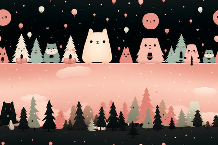 pink and black forest with cats and balloonsの素材