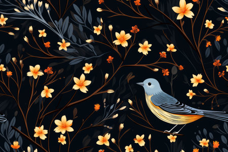 seamless pattern with birds and flowers on black backgroundの素材