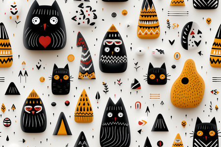seamless pattern with black and orange owls on a white backgroundの素材