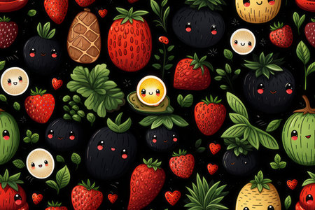 seamless pattern with cute fruits and berries on a black backgroundの素材