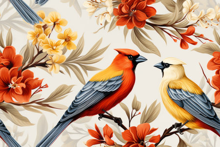 seamless pattern with colorful birds and flowersの素材