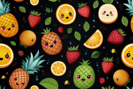 seamless pattern with cute fruits and berries on a black backgroundの素材