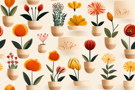 seamless pattern with flowers in pots on a beige backgroundの素材