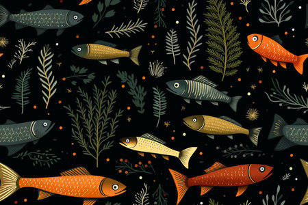 seamless pattern with fish and plants on black backgroundの素材