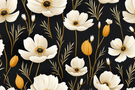 white and gold anemones on a black backgroundの素材