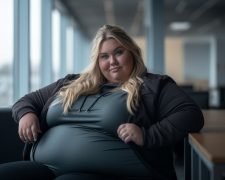 a fat woman sitting in an office chairの素材