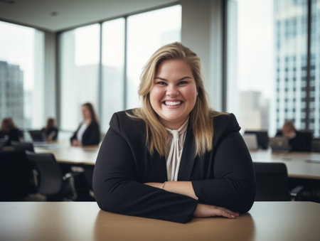 a smiling woman in a business suit sitting at a tableの素材