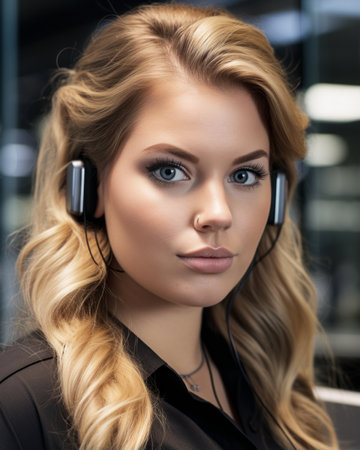a beautiful blonde woman wearing headphones in an officeの素材