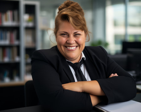 a smiling woman in a business suit sitting at a deskの素材