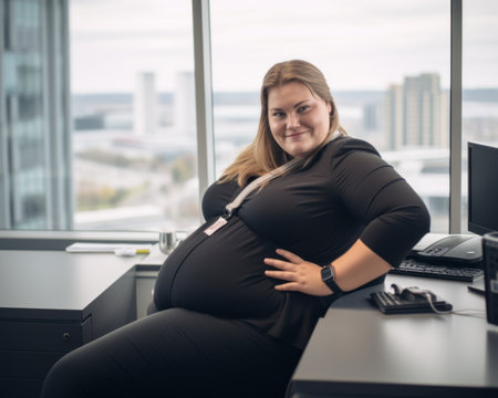 a pregnant woman sitting at a desk in front of a windowの素材