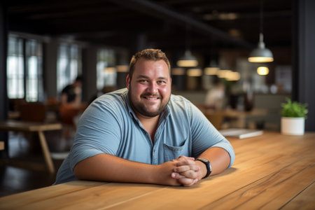 a smiling man sitting at a table in an officeの素材