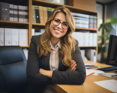 a smiling woman in a business suit sitting at a deskの素材