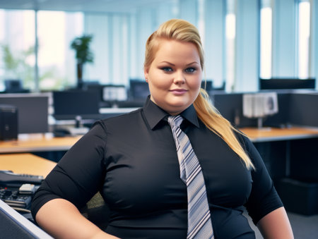 a woman in a black shirt and tie sitting at an office deskの素材
